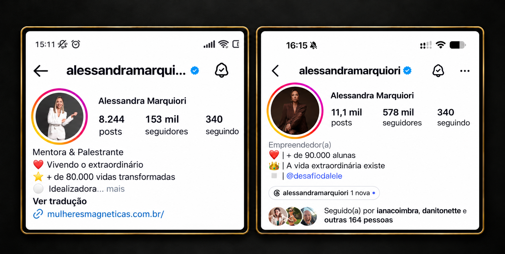 Perfil de Alessandra Marquiori no Instagram, antes e depois