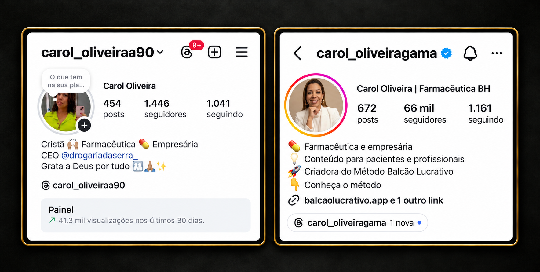 Print antes e depois do perfil de Carol Oliveira
