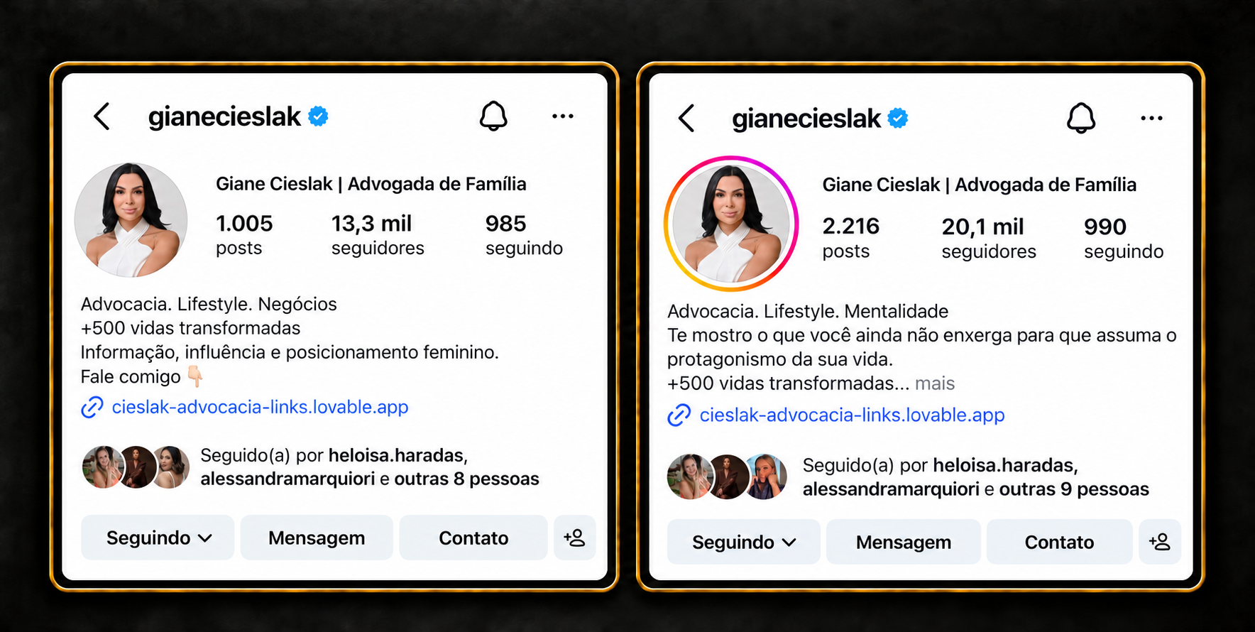 Print antes e depois do perfil de Giane Cieslak