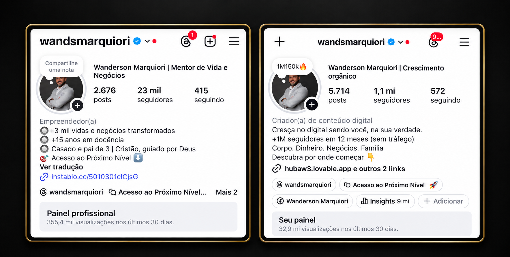 Perfil de Wanderson Marquiori no Instagram, antes e depois