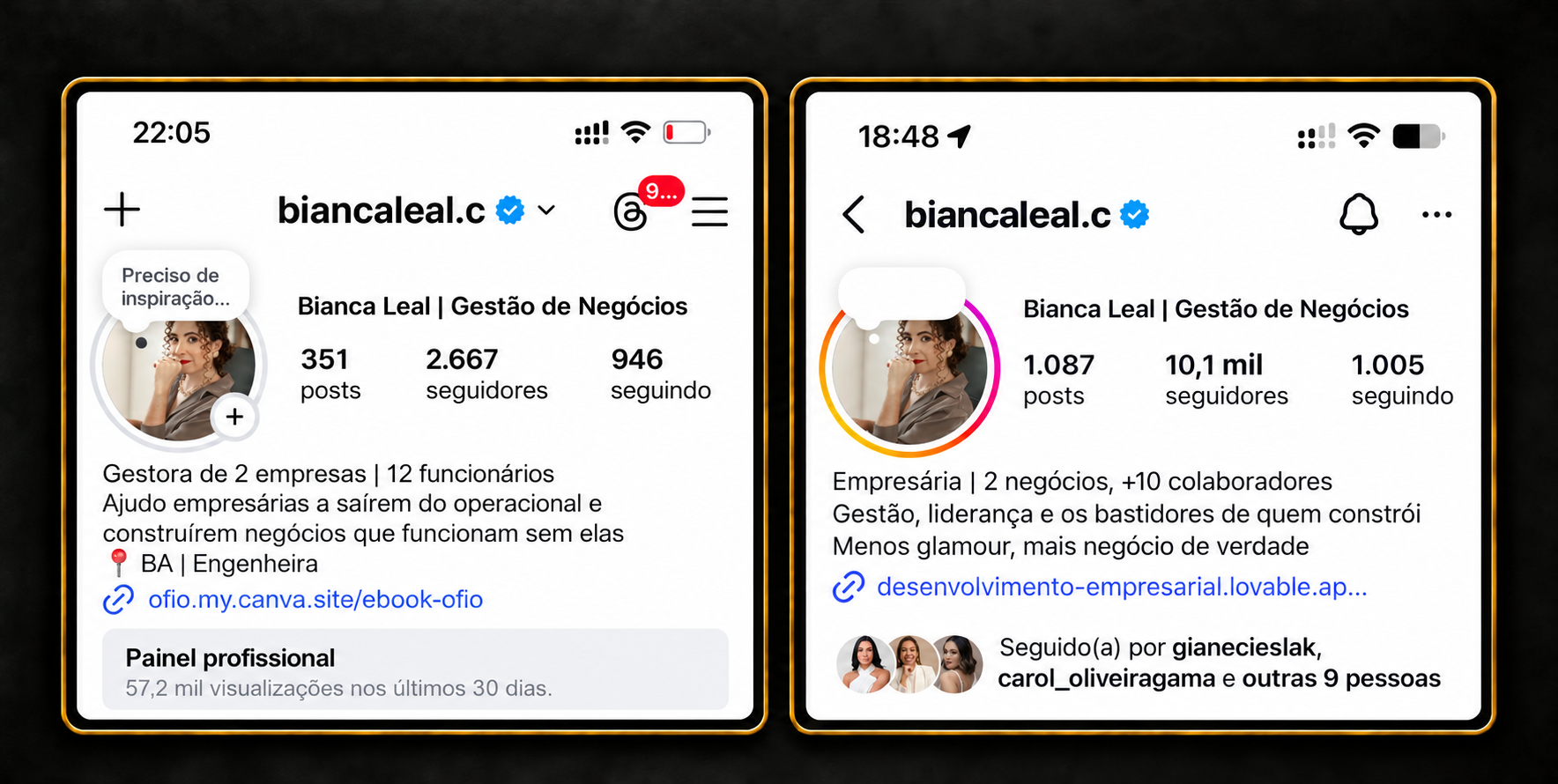 Print antes e depois do perfil de Bianca Leal